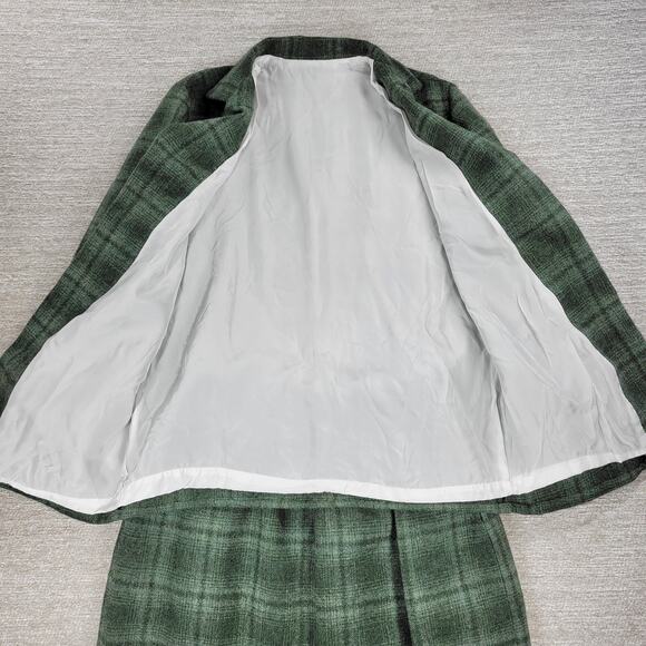 Vintage Handmade Wool Skirt Suit Green Plaid 2 Piece Set Elastic Waist Pockets - Picture 4 of 15
